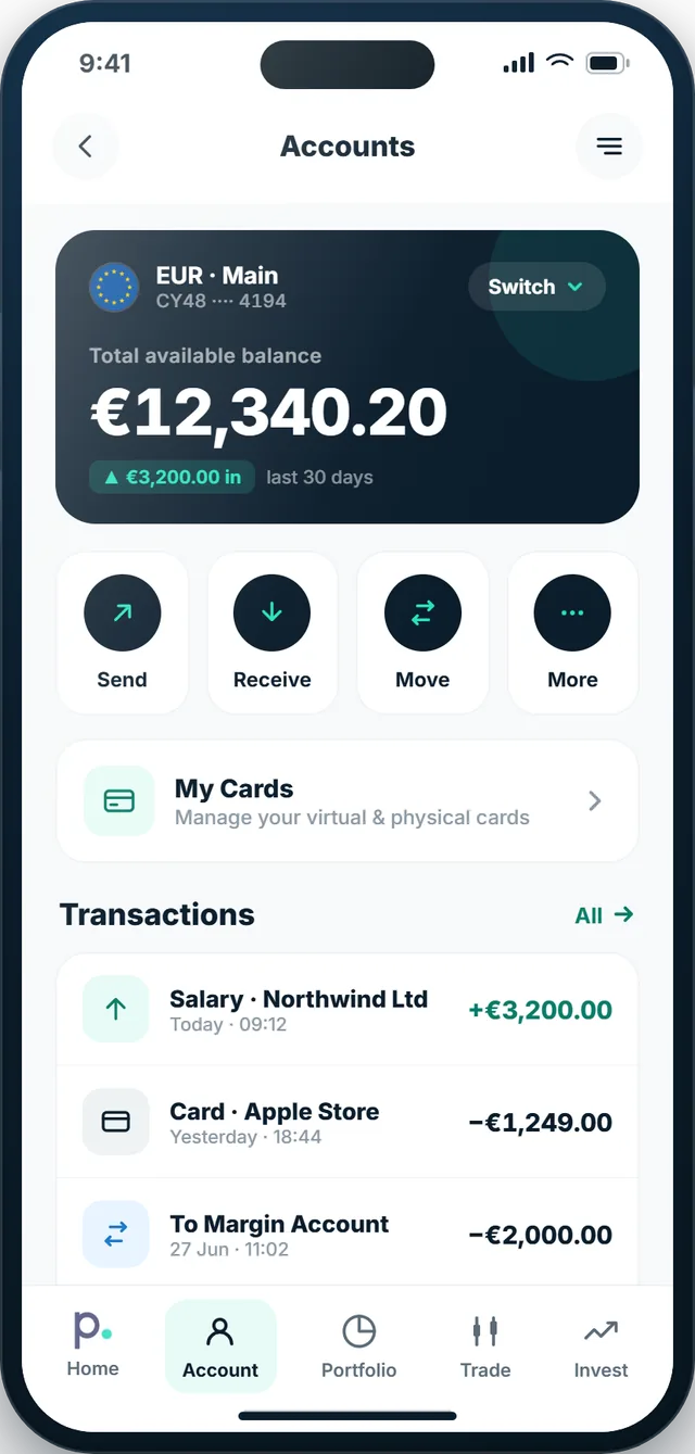 The Pure Wallet app showing an account balance and recent transactions