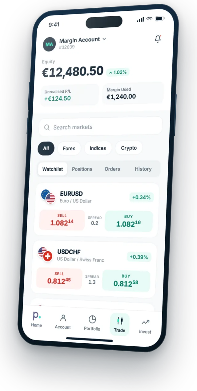 The Pure Wallet app markets list, showing instruments with their prices and daily change